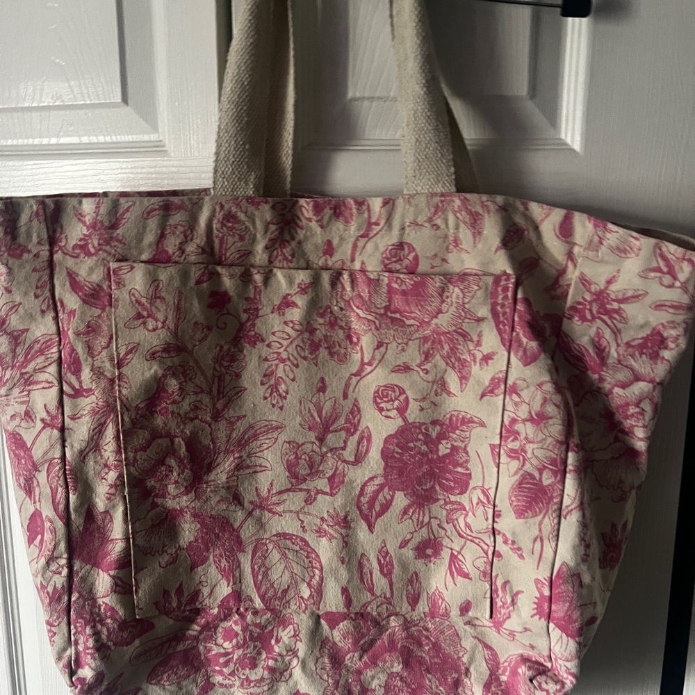 Floral Canvas Tote Bag in Pink and Cream - Picture 3 of 8